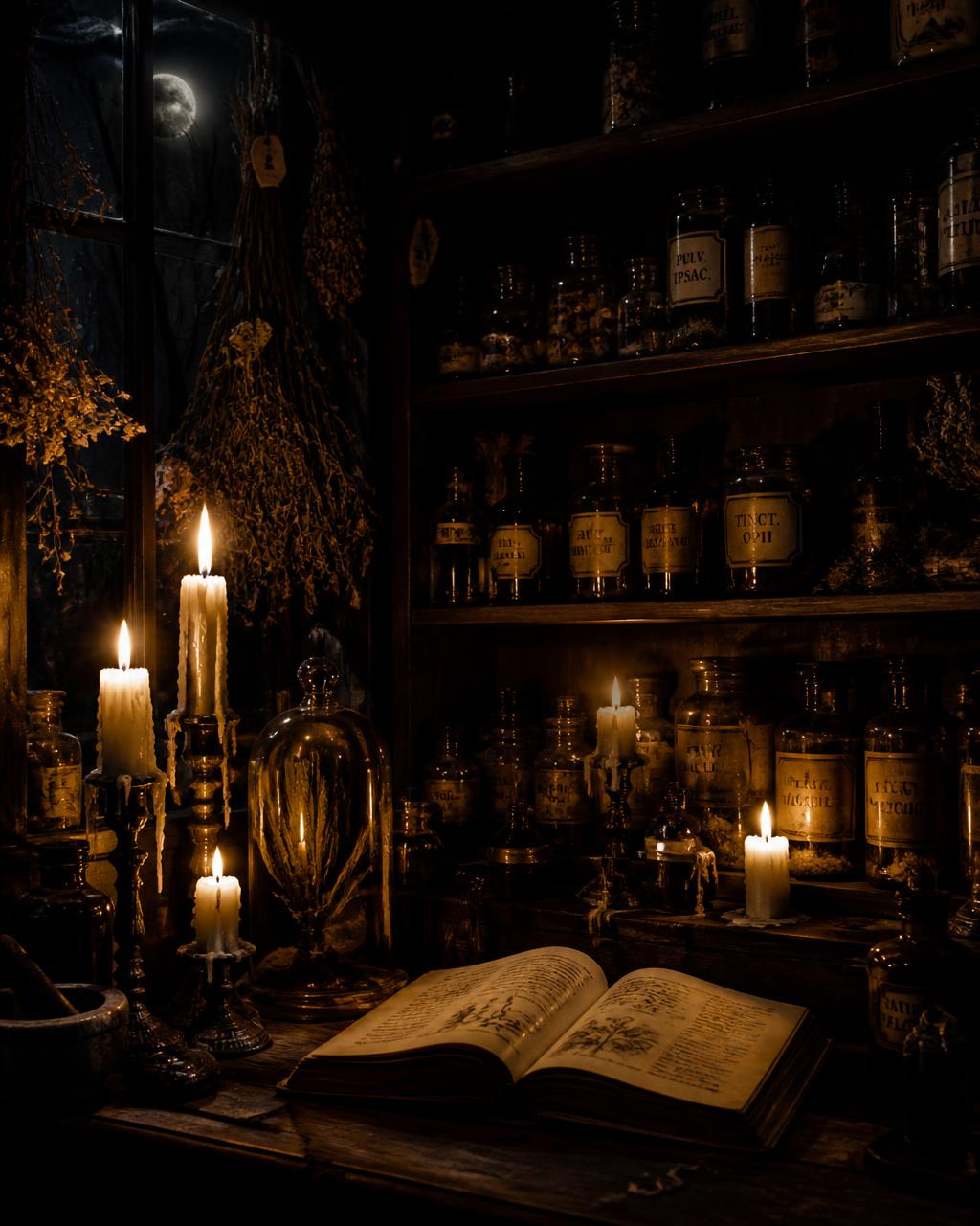 A candle-lit apothecary interior at night, shelves of amber bottles and dried herbs