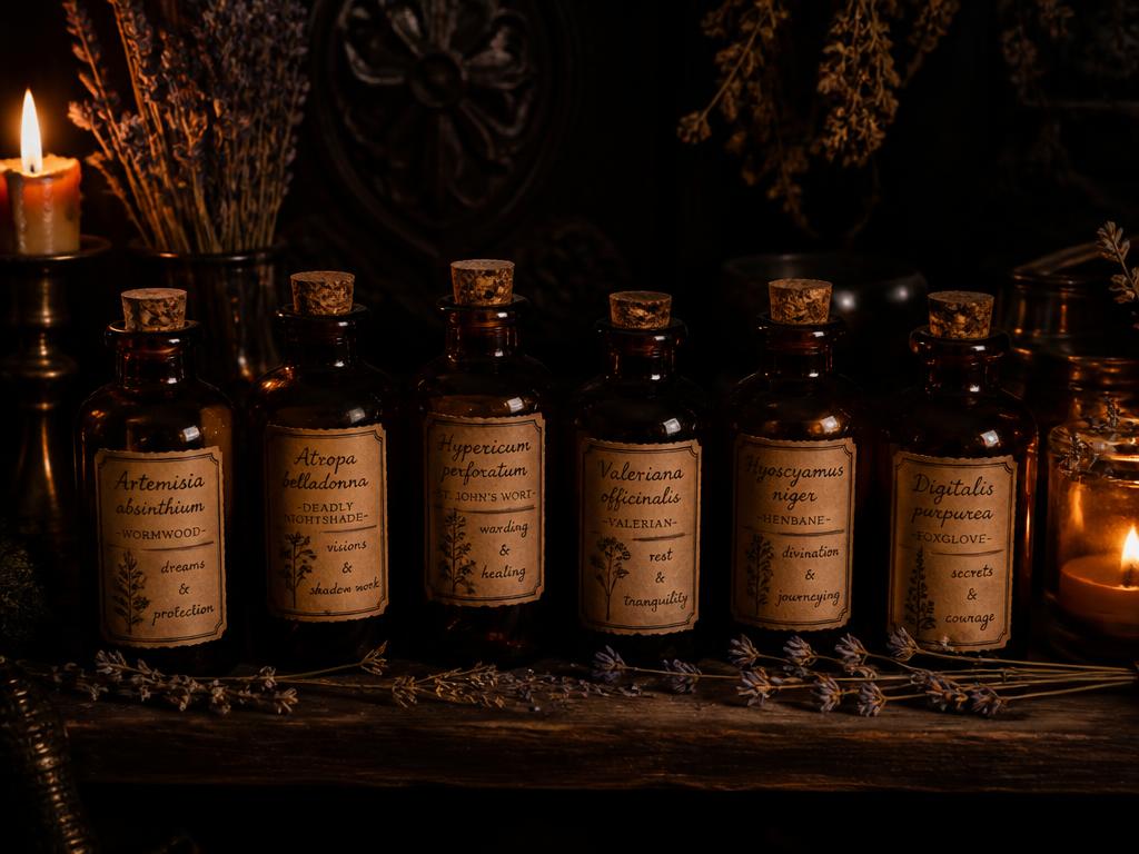 A row of amber apothecary tincture bottles with handwritten labels
