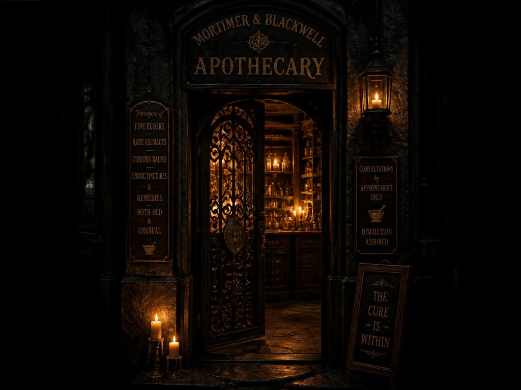 A narrow candle-lit gothic apothecary doorway at night
